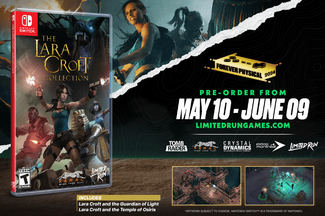 A product image featuring the physical edition goodies included in Limited Run Games' The Lara Croft Collection run.